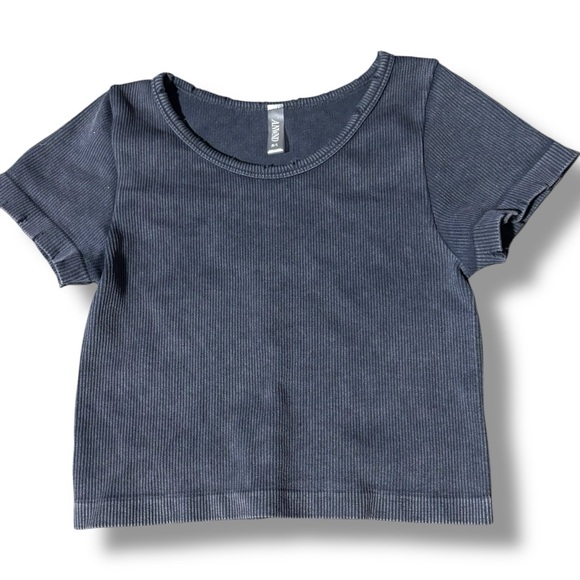 Charcoal Women's Short Sleeve Distressed Crewneck Ribbed Crop Top - Picture 13 of 16